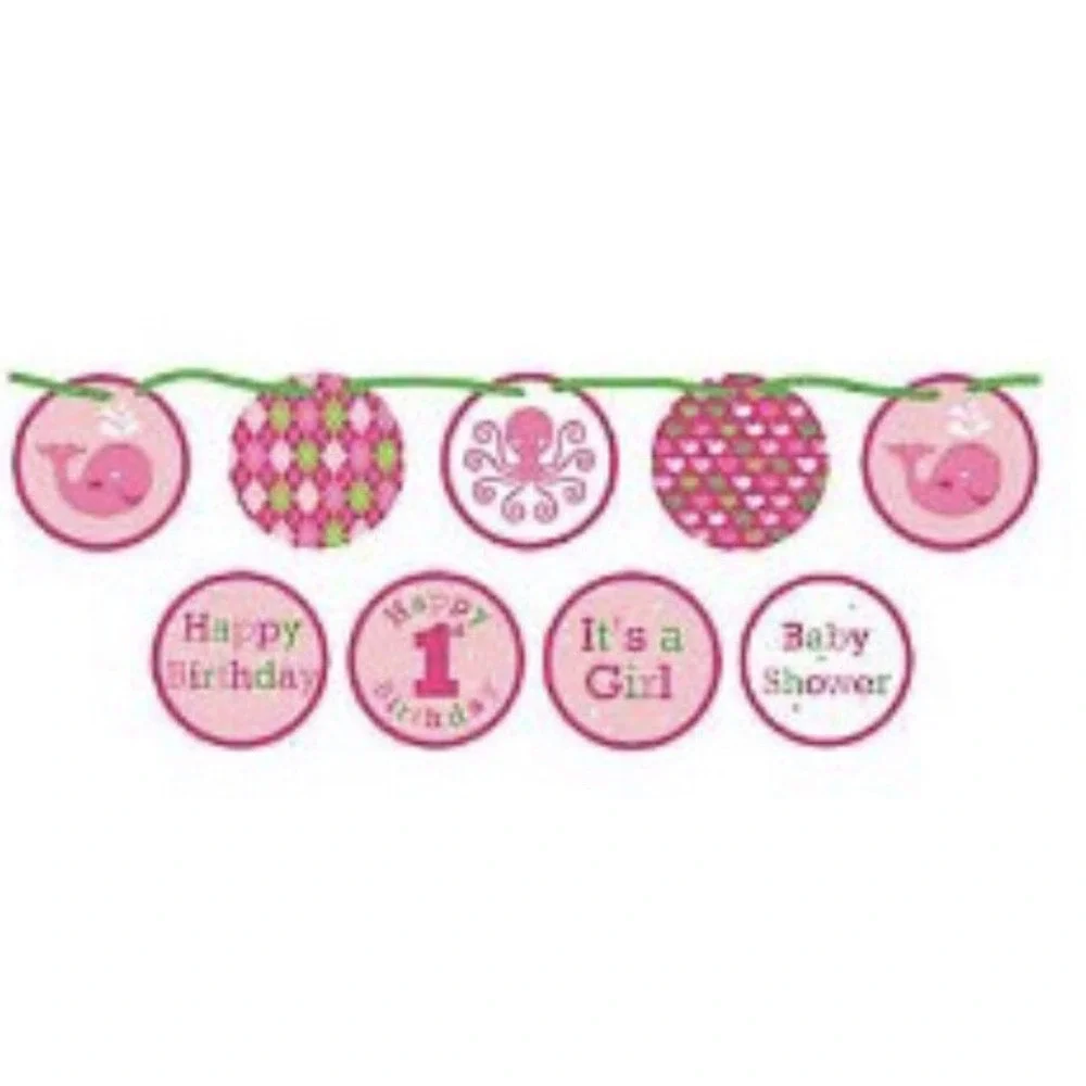 PINK WHALE ocean preppy girl circle paper banner 5.5 ft